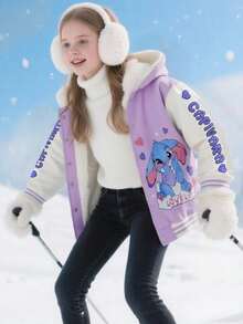 SHEIN 秋冬款少女休闲保暖连帽夹克，带卡通和字母图案 - 紫色 - 查看 4