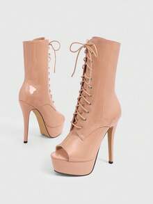 CUCCOO LuxiPop 女式性感时尚露趾系带厚底高跟休闲百搭侧拉链踝靴，杏色 - 杏色 - 查看 3