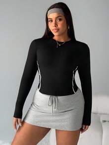 Rhythm Era Plus Size Women Seamless Side Mesh Patchwork Long Sleeve Sportswear - Black - View 5