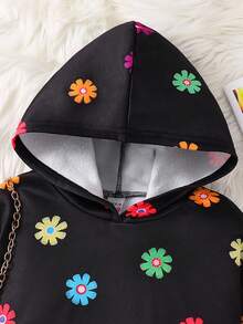 SHEIN 女童秋冬季加厚保暖宽松休闲简约舒适连帽长款卫衣，彩色花朵图案长袖运动衫，女童花朵卫衣，黑色卫衣，适合秋冬季穿着，圣诞节也适用 - 黑色 - 查看 4