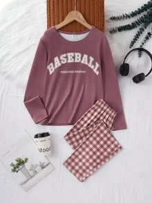 2pcs/Set Boys' Casual Loose Letter & Plaid Print Pajama Set, Comfortable Loungewear - Mocha Brown - View 4