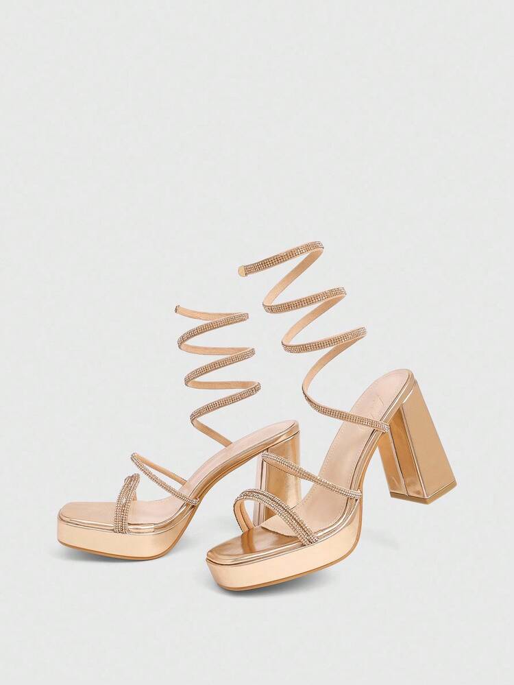 CUCCOO LuxiPop Women's Shoes Fashion Square Head Thick High Heel Drill Spring High Heel Sandals, Summer Shoes