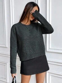 SHEIN Suéter de cuello redondo de manga larga de punto de unicolor y estilo casual - Gris Oscuro - Ver 6
