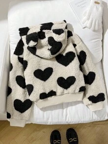 SHEIN 青少年女孩服装，豹纹毛绒连帽夹克，厚实舒适，开学典礼，日常穿着，学校，旅行，运动，冬季，圣诞节