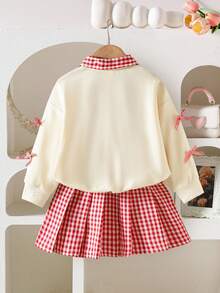 Elladie kids 2 件女童蝴蝶刺绣 + 格子拼布领运动衫和百褶裙时尚套装，百搭时尚校园风 - 紅色 - 查看 3