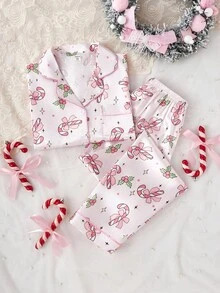 2件套女童可爱蝴蝶结印花翻领开衫和休闲裤舒适睡衣套装 - 彩色 - 查看 4