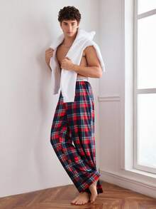 EasyFave Christmas Red Plaid Fashionable Ribbon Lightweight Sporty Comfortable Casual Homewear Family Party Men Pajama Pants, For Fall