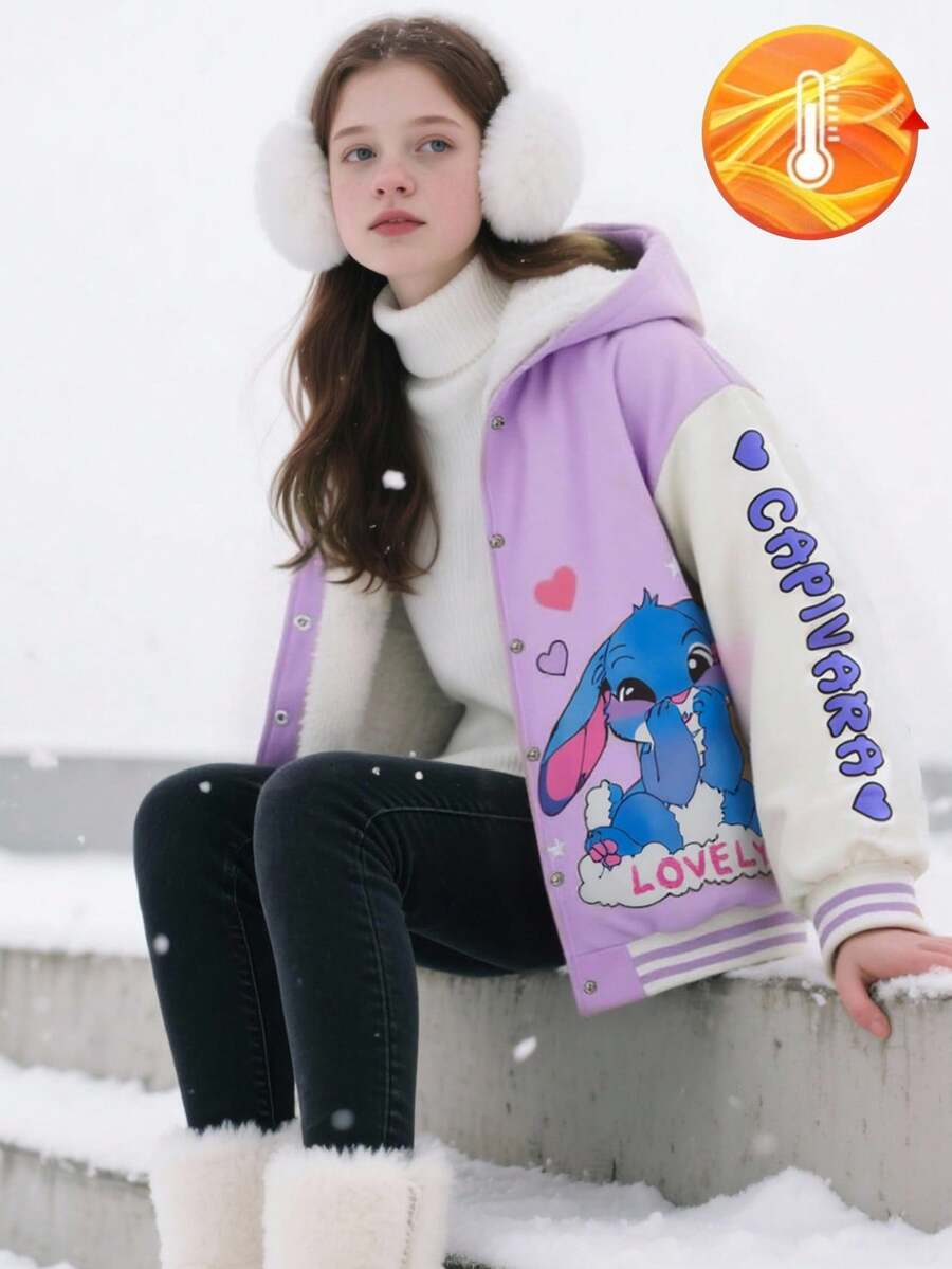 SHEIN 秋冬款少女休闲保暖连帽夹克，带卡通和字母图案