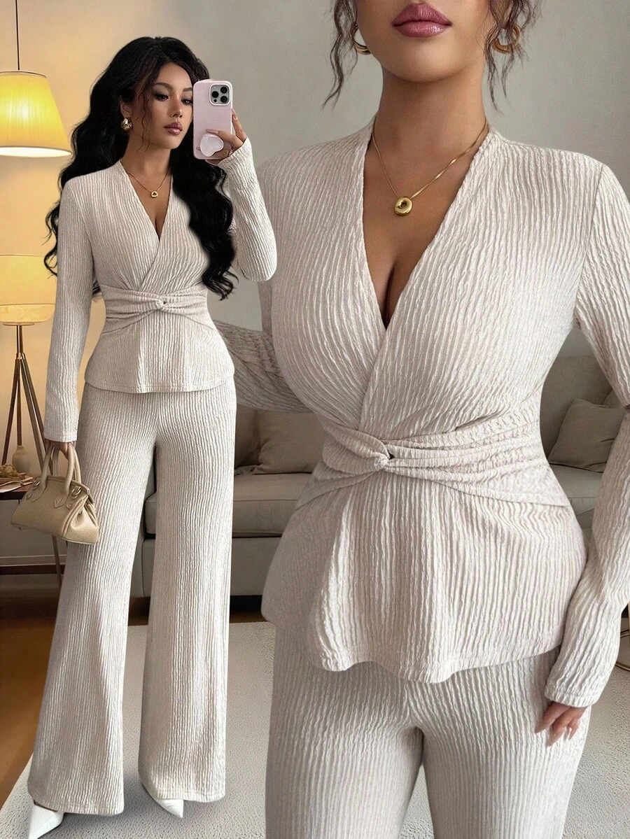 Elenzga 2pcs/Set Women's Elegant V-Neck Long Sleeve Twist Waist T-Shirt And Wide Leg Pants Set, Casual Everyday Wear, Commute, Valentine's Day, Autumn/Winter - Apricot - View 1