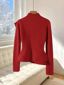 GlowEve Women's Solid Color Stand Collar Long Sleeve Ruffle Hem Fashionable Sweater, Autumn/Winter - Red - View 2