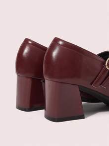 CUCCOO DOLLMOD 女士经典勃艮第酒红色双带粗中跟玛丽珍平底鞋，通勤、约会、派对、度假、婚礼等场合皆宜 - 酒紅色 - 查看 4
