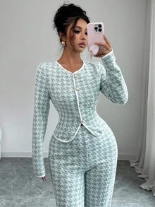 Elenzga 2 件套：时尚人字纹提花拼接优雅休闲圆领长袖 T 恤 + 直筒裤，适合返校季、春秋季 - 彩色 - 查看 7