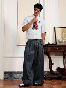 SWAVVY 男士休闲通勤条纹阔腿裤 - 深灰色 - 查看 6