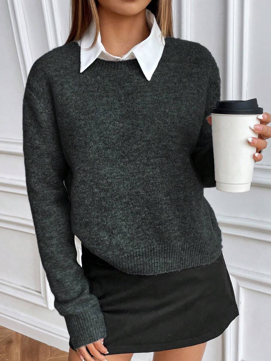 SHEIN Suéter de cuello redondo de manga larga de punto de unicolor y estilo casual - Gris Oscuro - Ver 1