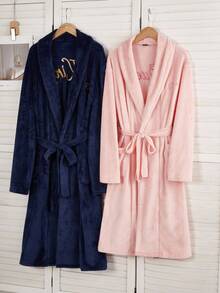 Men's Plush Flannel Bathrobe, Autumn/Winter, Luxury Navy Blue Robe With Embroidered English Text On Front And Back, Shawl Collar, Drop Shoulder, Long Sleeve Robe For Fall Winter, Fluffy, Cozy