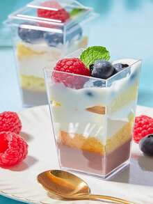 SHEIN 100/50/40/30/20/10PCS Dessert Cups, Transparent Mini Plates, Covered And Uncovered Mousse Cups For Tiramisu Cakes, Suitable For Pudding, Mousse, Snacks, Party Supplies, Food Containers - Transparent - View 3