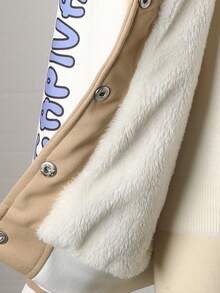 SHEIN Áo khoác hoodie lót nỉ giữ nhiệt in chữ và hoạt hình tay dài cho bé gái tuổi mới lớn, mùa thu/đông - Màu Khaki - Xem 8