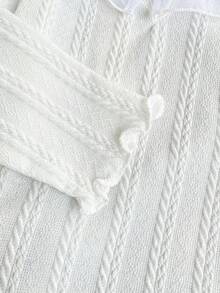 SHEIN 2 件装女婴甜美可爱时尚简约卡其色白色组合长袖圆领上衣，带领和网眼蕾丝花边，适合上学和日常穿着 - 白色 - 查看 4