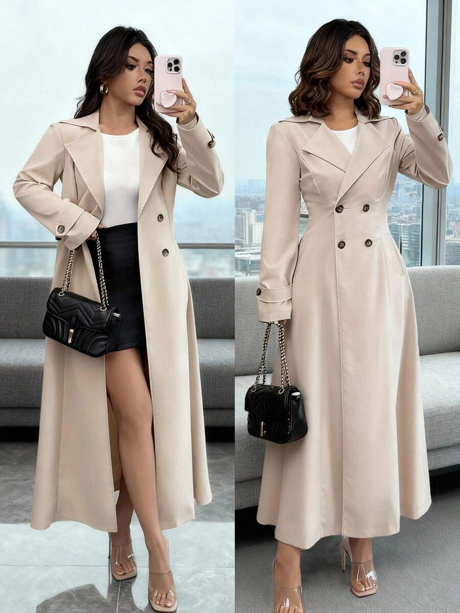 Rafferiza 日常通勤休闲收腰双排扣长款风衣 春秋季卡其色女式风衣 女式风衣 女式风衣 秋季女式风衣 女士休闲风衣 女士日常优雅长款风衣 秋季女式风衣 秋季女式风衣 秋季女式休闲风衣 冬季女式风衣 - 卡其色 - 查看 1