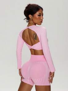 Dewbera Damen gestreifter Twist-Rücken Crop Top und Shorts Sportanzug