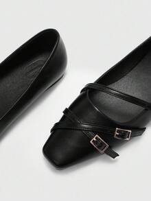 CUCCOO BIZCHIC Giày bệt Mary Jane mũi vuông màu đen có khóa chéo, thoải mái khi đi làm và mặc váy - màu đen - Xem 7
