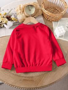 SHEIN 年轻女孩豹纹字母印花长袖休闲圆领运动衫，秋冬 - 紅色 - 查看 2