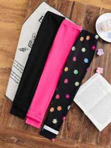 Young Girl 3pcs/Set Floral Print+Black+Pink Pants,Matching Sister Set,Autumn/Winter Base Layer Bottom,Brown Polka,Summer,Back-To-School Casual Pants - Multicolor - View 3