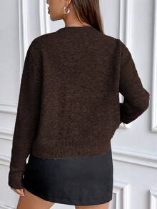 Pariaura Slouchy Solid Color Crew Neck Knit Long Sleeve Sweater - Coffee Brown - View 2