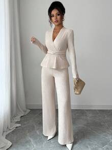 Elenzga 2pcs/Set Women's Elegant V-Neck Long Sleeve Twist Waist T-Shirt And Wide Leg Pants Set, Casual Everyday Wear, Commute, Valentine's Day, Autumn/Winter - Apricot - View 7