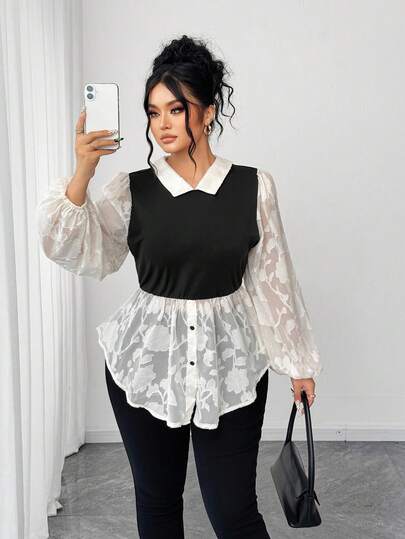 Elenzga Blusa retro francesa de 2 en 1 con mangas abullonadas, de color negro y blanco en contraste, con recortes, para mujer de talla grande