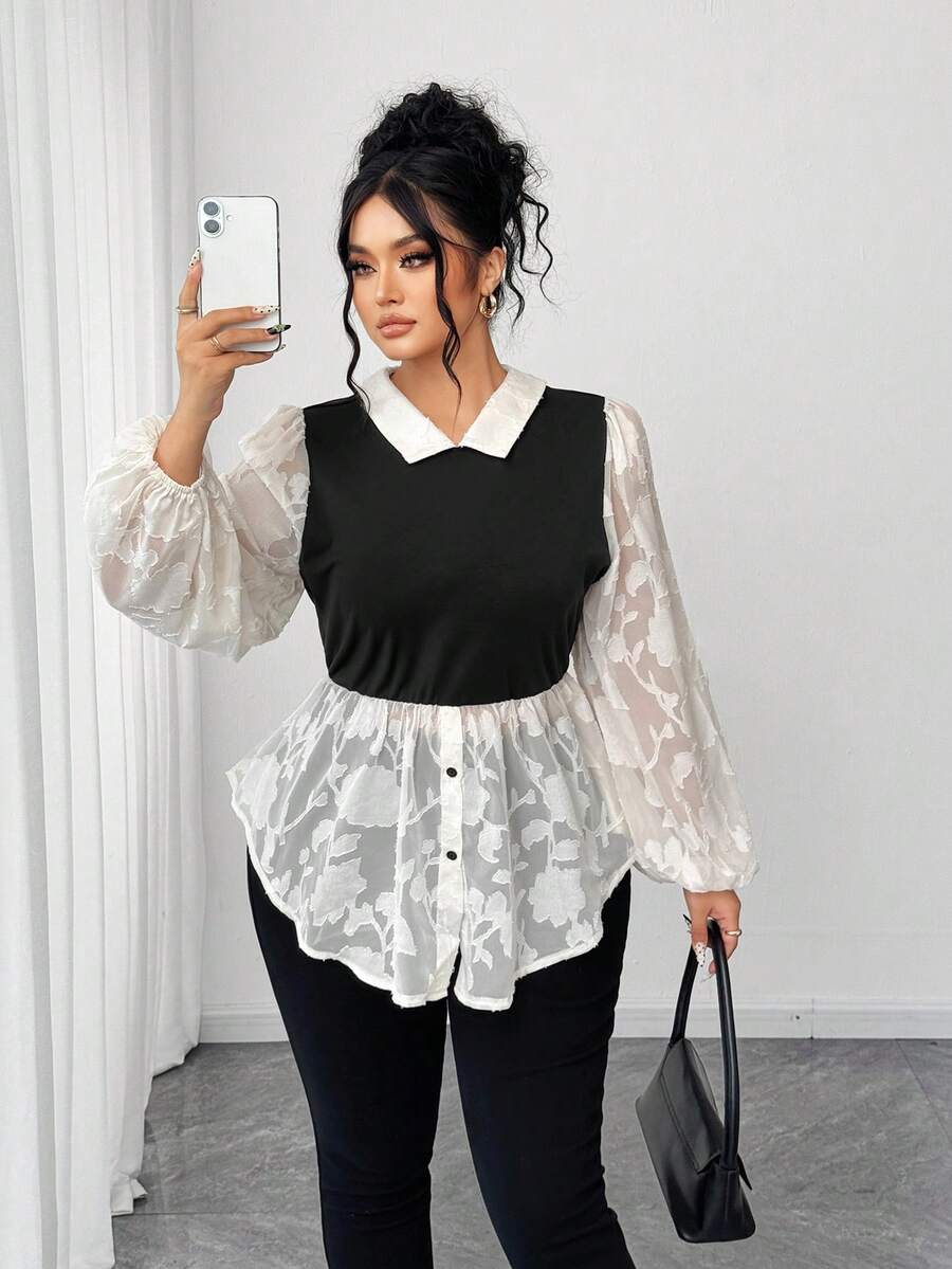 Elenzga 大码女式雪纺镂空经典黑白撞色二合一法式复古泡泡袖衬衫 - 彩色 - 查看 1