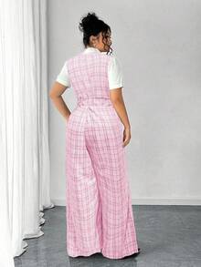 Elenzga Women's V-Neck Button Sleeveless Plaid Black Waist Jumpsuit, Business Casual, Spring/Summer