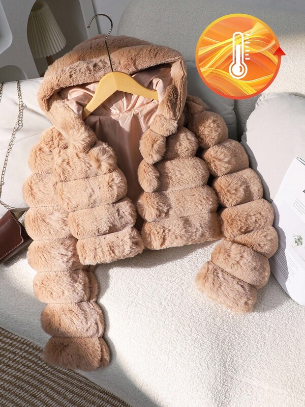 1pc Girls Soft Faux Fur Jacket, Elegant Long Sleeve Short Fitted Hooded Coat, Suitable For Autumn/Winter