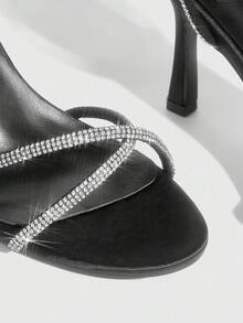 CUCCOO SZL 黑色缎面缎面银色水钻细带踝带时尚性感圆头法式优雅浪漫派对约会高跟凉鞋 - 黑色 - 查看 6