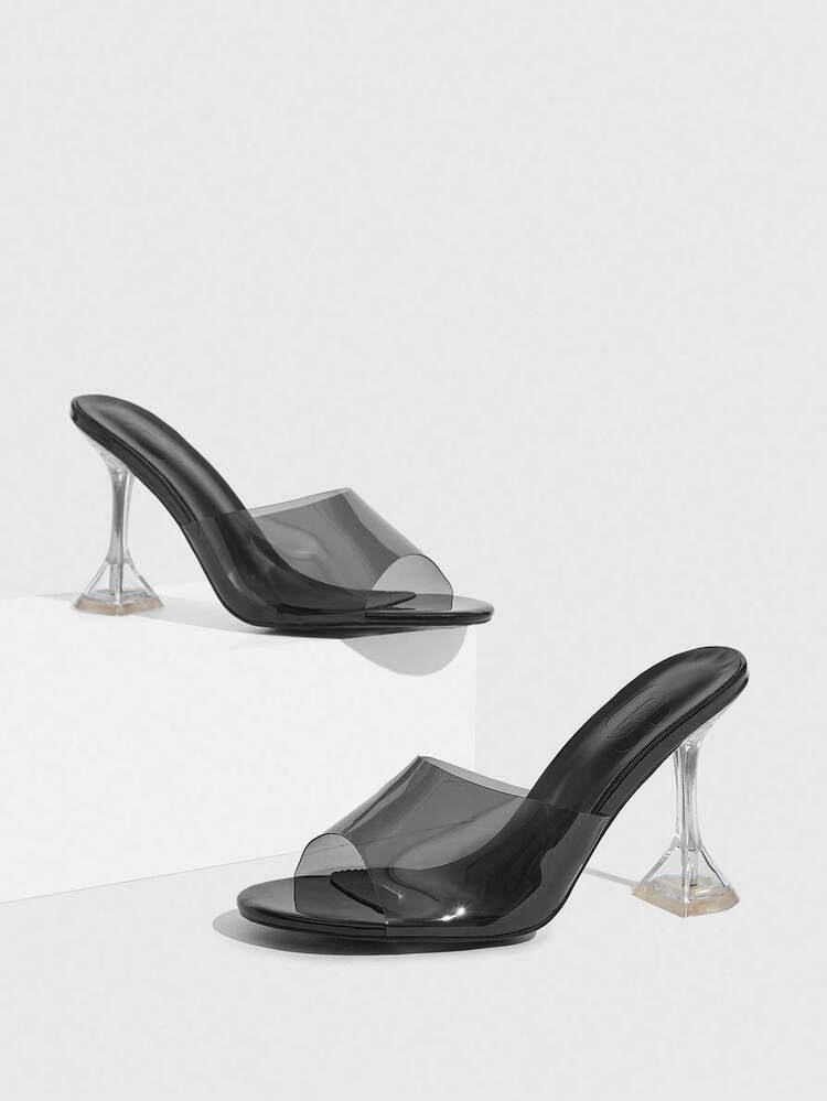 CUCCOO SZL Grey TPU Fashionable Sexy Mule Round Toe Glass Heel Sandals