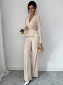 Elenzga 2pcs/Set Women's Elegant V-Neck Long Sleeve Twist Waist T-Shirt And Wide Leg Pants Set, Casual Everyday Wear, Commute, Valentine's Day, Autumn/Winter - Apricot - View 3