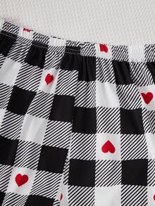 晚安图案和心形格子图案可爱休闲女孩睡衣套装、长袖上衣和裤子 - 黑與白 - 查看 6