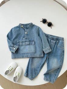 SHEIN Bubblio 2件套男童休闲立领牛仔夹克和牛仔裤套装，秋冬 - 彩色 - 查看 2