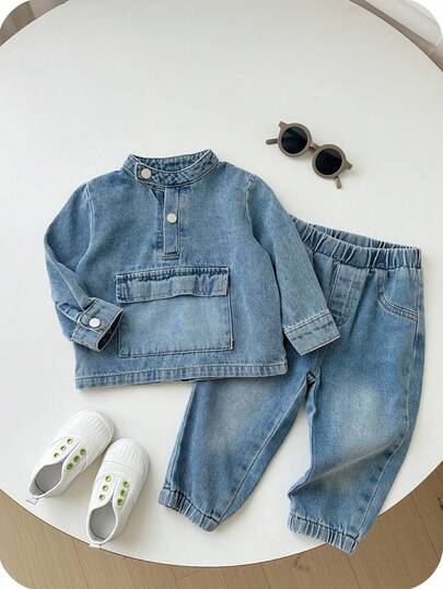 SHEIN Bubblio 2件套男童休闲立领牛仔夹克和牛仔裤套装，秋冬
