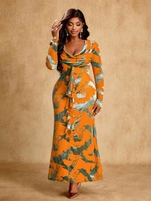 Brilight Vestido elegante de dama con material AB con cuello de empalme para otoño e invierno, con cintas en la parte delantera, y vestido de fiesta de terciopelo con planchado suave. - Amarillo - Ver 3