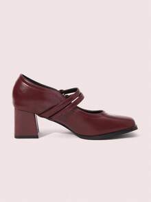 CUCCOO DOLLMOD 女士经典勃艮第酒红色双带粗中跟玛丽珍平底鞋，通勤、约会、派对、度假、婚礼等场合皆宜 - 酒紅色 - 查看 3