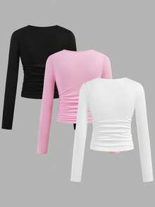 SHEIN Girlism 3件套少女休闲校服字母印花褶皱侧边圆领长袖短款针织T恤上衣，返校季必备 - 西瓜粉 - 查看 2