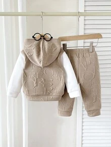 SHEIN Playful Pals 2pcs/Set Toddler Boys' Casual Jacquard Hoodie T-Shirt And Elastic Waist Pants Set, Suitable For Commuting, School, Leisure, Vacation, Sports, Autumn/Winter, 6M-3T, Children's Clothing, Infant Clothing, Infant T-Shirt, Infant Pants Fall Baby Set Autumn Winter Season Baby Boy Beige Outfit Baby Casual Sets Baby Boy Hoodie Set - Khaki - View 2