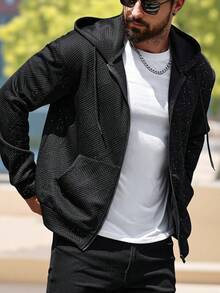 Manfinity Homme Sudadera con capucha y cremallera con bolsillo, de manga larga, para hombre, color negro, para otoño - Negro - Ver 3