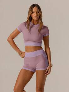 Aralina 休闲运动服套装，撞色可爱夏季上衣和自行车短裤组合，非常适合夏季度假装或机场装 - 藕粉色 - 查看 7