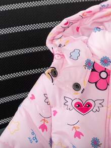 SHEIN 冬季新款可爱卡通碎花连帽加厚中长款女童棉服外套带腰带 - 粉色 - 查看 6