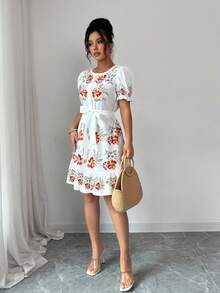 Rafferiza Summer Floral Print Casual Dress For Vacation - White - View 3