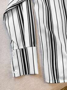 Franclia 女士休闲通勤条纹纽扣衬衫，秋季 - 黑與白 - 查看 8