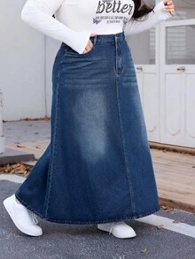 SHEIN CURVE+ 加大码休闲牛仔长裙，适合夏季、曲线加大、Hoho 度假 - 藍色 - 查看 6
