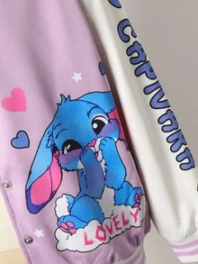 SHEIN 秋冬款少女休闲保暖连帽夹克，带卡通和字母图案 - 紫色 - 查看 5